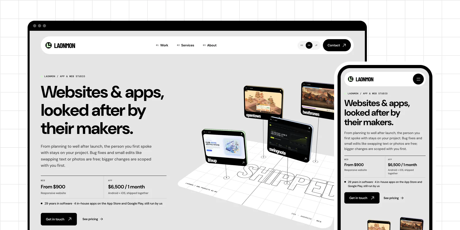 The laonmon.com English home page on desktop and phone